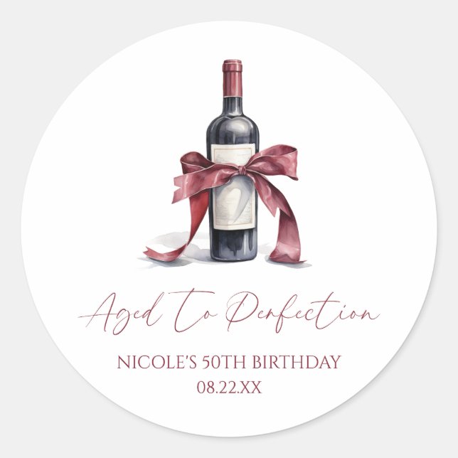 Aged To Perfection Red Wine Bow Birthday Party Runder Aufkleber (Vorderseite)