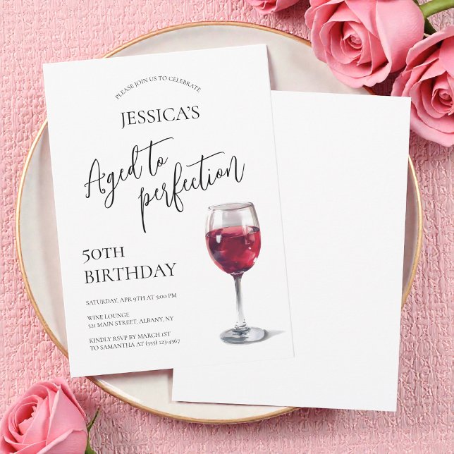 Aged to Perfection Script Wine 50th Birthday Party Einladung (Aged to Perfection Script Wine 50th Birthday Party Invitation)