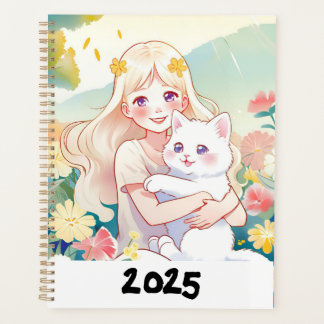Agenda de chica abrazando a un gato planer