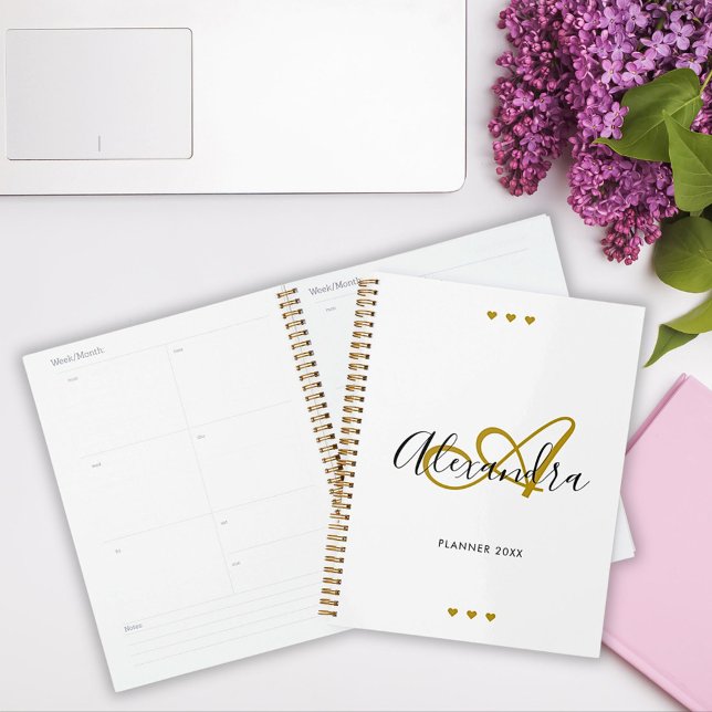 Agenda Monogramme Initial Script Or Noir (Elegant Gold Black Script Initial Name Monogram Planner)