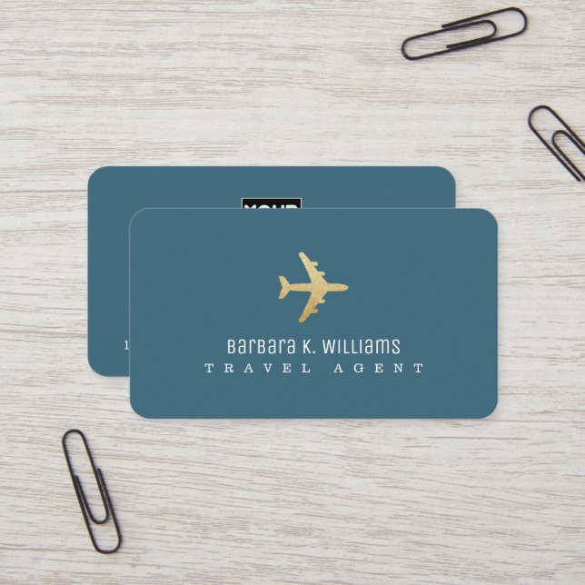 Agent de voyage Blue Carte de visite faux or avion (Devant/Arrière en situation)