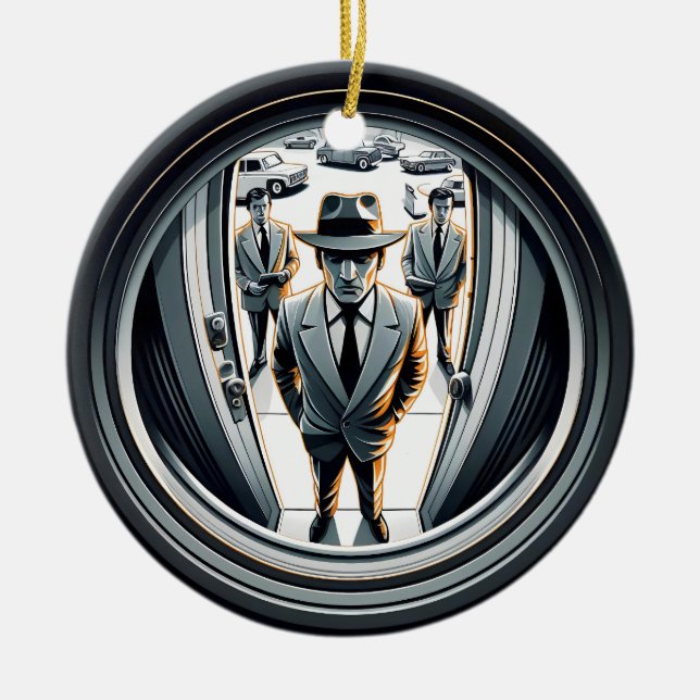Agenten in Grau an der Tür | Fisheye Keramik Ornament (Vorne)