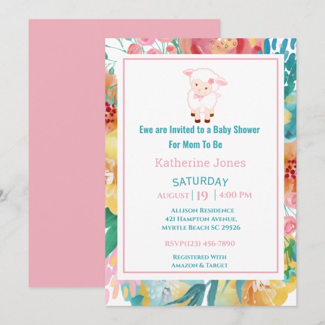 Agneau mignon rose Baby shower Floral Invitation (Devant / Derrière)