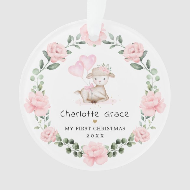 Agneau rose Floral Wreath Baby Girl 1er Noël (devant)