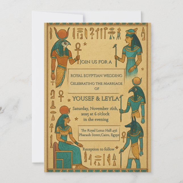 Ägyptische Deities Hieroglyph Goldhochzeit Einladung (Vorderseite)
