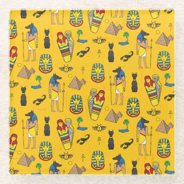 Ägyptische Elemente, Anubis, Pyramidenmuster. Glasuntersetzer (Vorderseite)