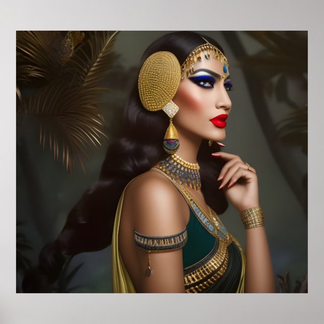 Ägyptische Frau Exotic goldgrüne Kleidung blaue Ju Poster (Vorne)