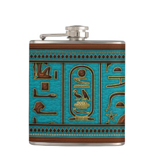 Ägyptische Goldene Lederhieroglyphen auf aquamarin Flachmann