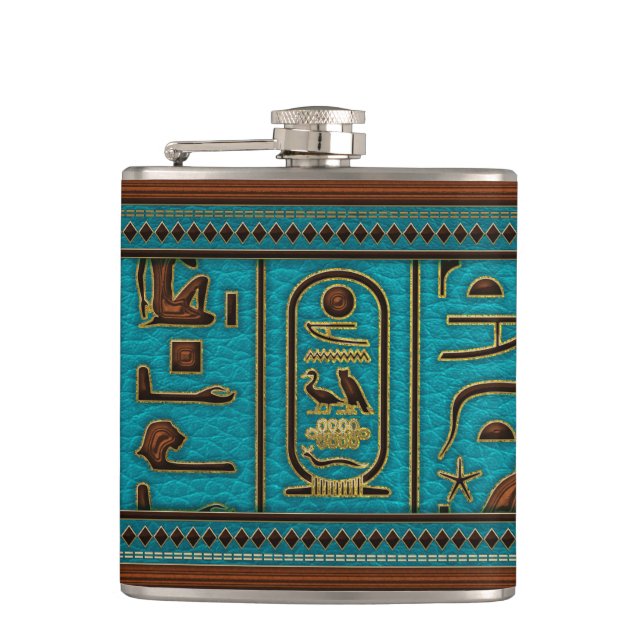 Ägyptische Goldene Lederhieroglyphen auf aquamarin Flachmann (Vorderseite)
