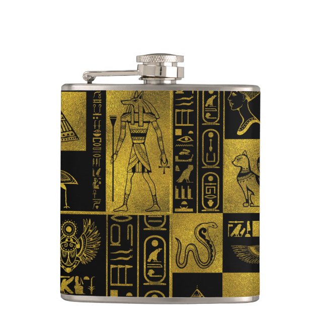 Ägyptische Goldhieroglyphen- und -symbolcollage Flachmann (Vorderseite)
