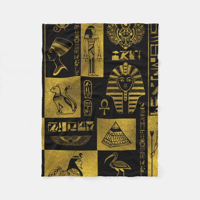 Ägyptische Goldhieroglyphen- und -symbolcollage Fleecedecke (Vorderseite)
