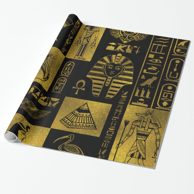Ägyptische Goldhieroglyphen- und -symbolcollage Geschenkpapier (Ungerollt)
