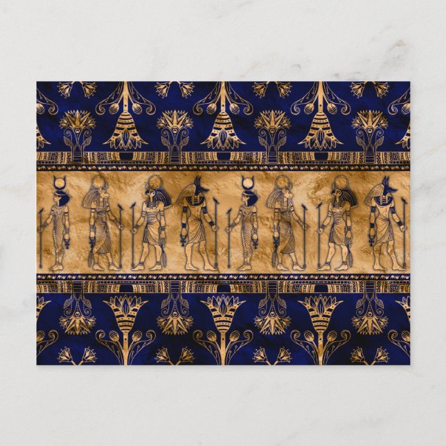 Ägyptische Götter und Ziergrenze - blaues Gold Postkarte (Vorderseite)