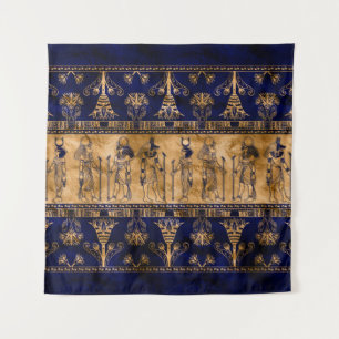 Ägyptische Götter und Ziergrenze - blaues Gold Wandteppich