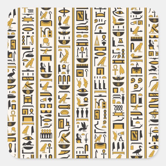 Ägyptische Hieroglyphen: Gelb-Schwarz Nahtlos. Quadratischer Aufkleber (Vorderseite)