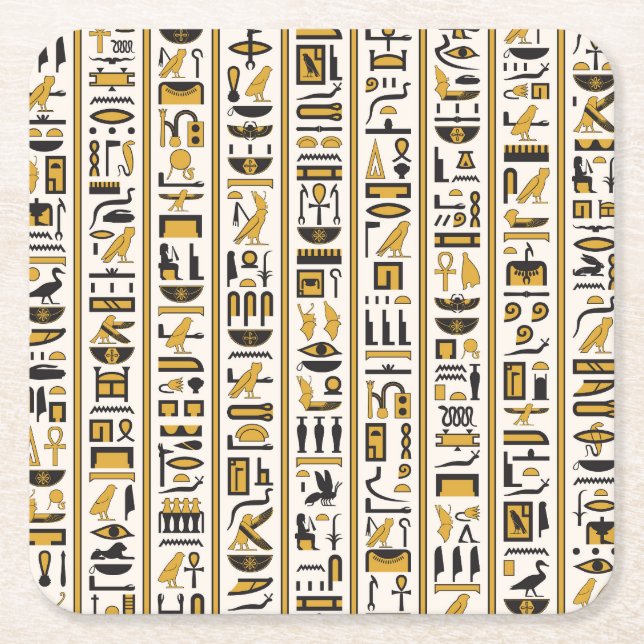 Ägyptische Hieroglyphen: Gelb-Schwarz Nahtlos. Rechteckiger Pappuntersetzer (Vorderseite)