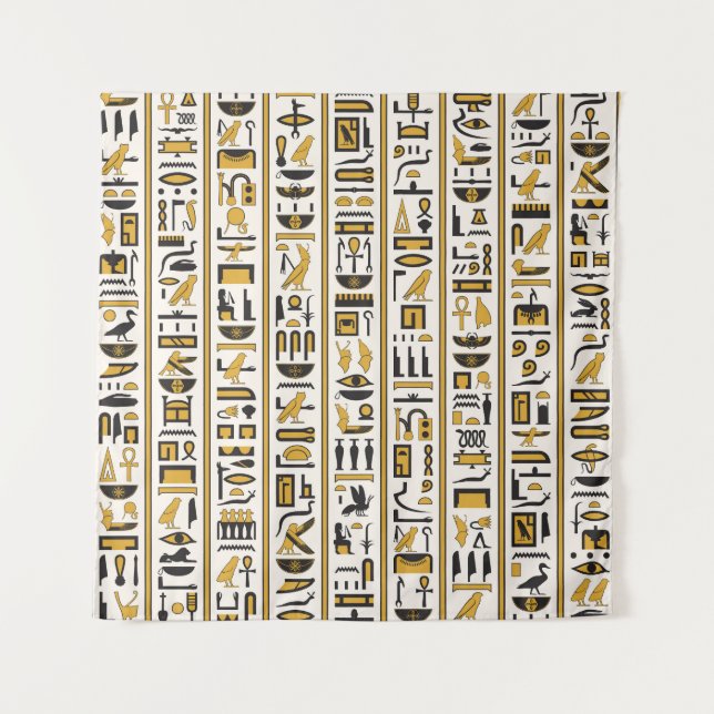 Ägyptische Hieroglyphen: Gelb-Schwarz Nahtlos. Wandteppich (Vorderseite)