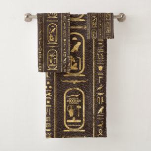 Ägyptische Hieroglyphen Gold auf braunem Leder Badhandtuch Set