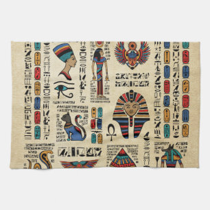 Ägyptische Hieroglyphen und Gottheiten auf Papyru Geschirrtuch