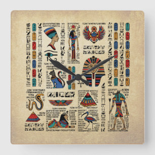 Ägyptische Hieroglyphen und Gottheiten auf Papyru Quadratische Wanduhr