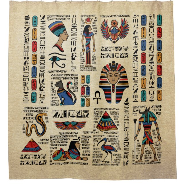 Ägyptische Hieroglyphen und Gottheiten auf Papyrus Duschvorhang (Vorderseite)