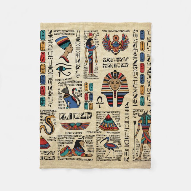 Ägyptische Hieroglyphen und Gottheiten auf Papyrus Fleecedecke (Vorderseite)