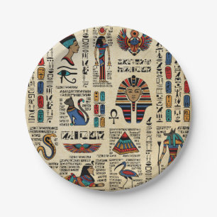 Ägyptische Hieroglyphen und Gottheiten auf Papyrus Pappteller