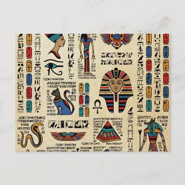 Ägyptische Hieroglyphen und Gottheiten auf Papyrus Postkarte (Vorderseite)