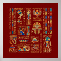 Ägyptische Hieroglyphen und Gottheiten auf rot