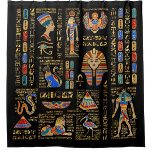 Ägyptische Hieroglyphen und Gottheiten auf schwar Duschvorhang