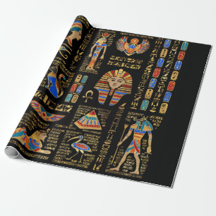 Ägyptische Hieroglyphen und Gottheiten auf schwar Geschenkpapier