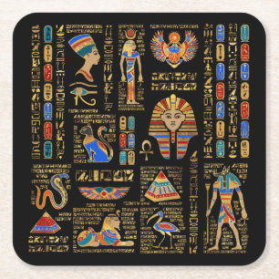 Ägyptische Hieroglyphen und Gottheiten auf schwar Rechteckiger Pappuntersetzer
