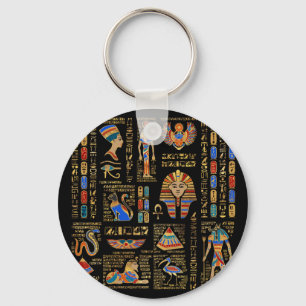 Ägyptische Hieroglyphen und Gottheiten auf schwar Schlüsselanhänger