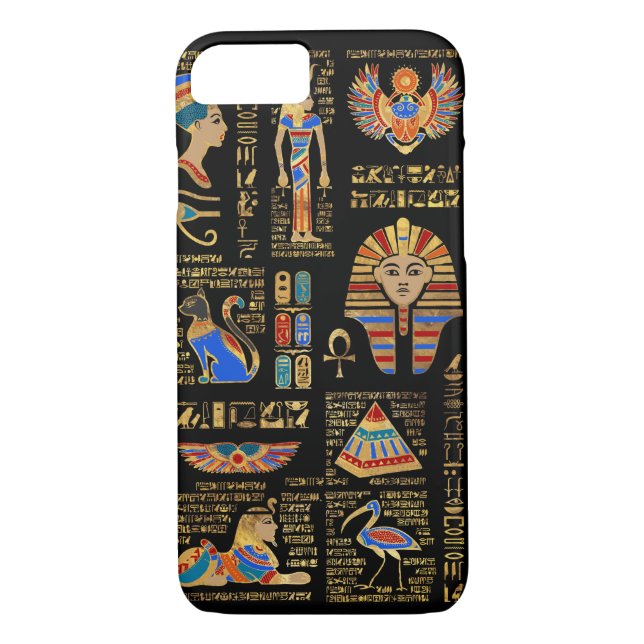 Ägyptische Hieroglyphen und Gottheiten auf schwarz Case-Mate iPhone Hülle (Rückseite)