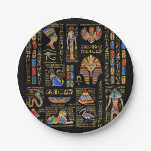 Ägyptische Hieroglyphen und Gottheiten auf schwarz Pappteller