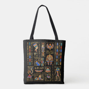 Ägyptische Hieroglyphen und Gottheiten auf schwarz Tasche