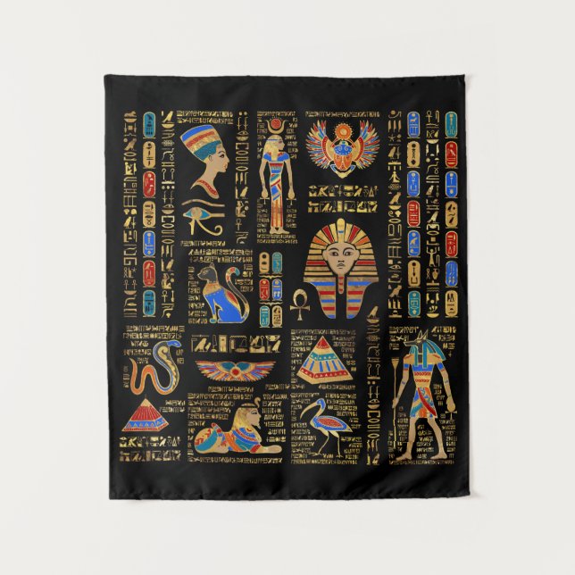 Ägyptische Hieroglyphen und Gottheiten auf schwarz Wandteppich (Vorderseite)
