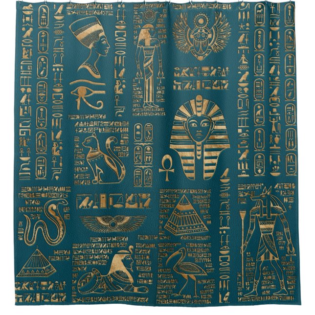 Ägyptische Hieroglyphen und Gottheiten - Gold auf Duschvorhang (Vorderseite)
