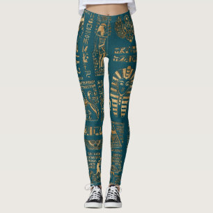 Ägyptische Hieroglyphen und Gottheiten - Gold auf Leggings