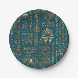 Ägyptische Hieroglyphen und Gottheiten - Gold auf Pappteller