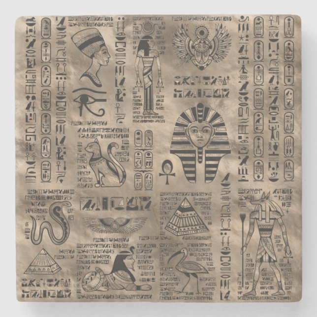 Ägyptische Hieroglyphen und Gottheiten - Luxusgold Steinuntersetzer (Vorderseite)