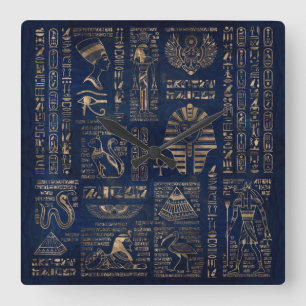 Ägyptische Hieroglyphen und Gottheitgold auf Quadratische Wanduhr