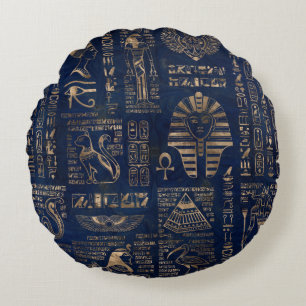 Ägyptische Hieroglyphen und Gottheitgold auf Rundes Kissen