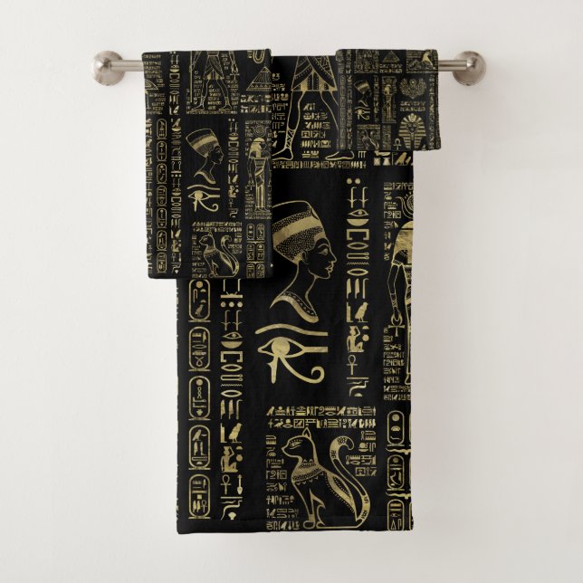 Ägyptische Hieroglyphen und Gottheitsgold auf Badhandtuch Set (Insitu)