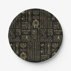 Ägyptische Hieroglyphen und Gottheitsgold auf Pappteller