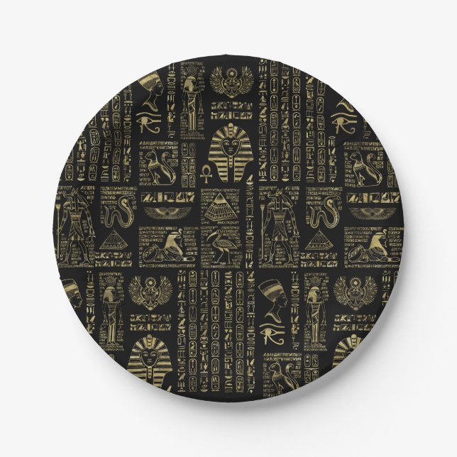 Ägyptische Hieroglyphen und Gottheitsgold auf Pappteller (Vorderseite)