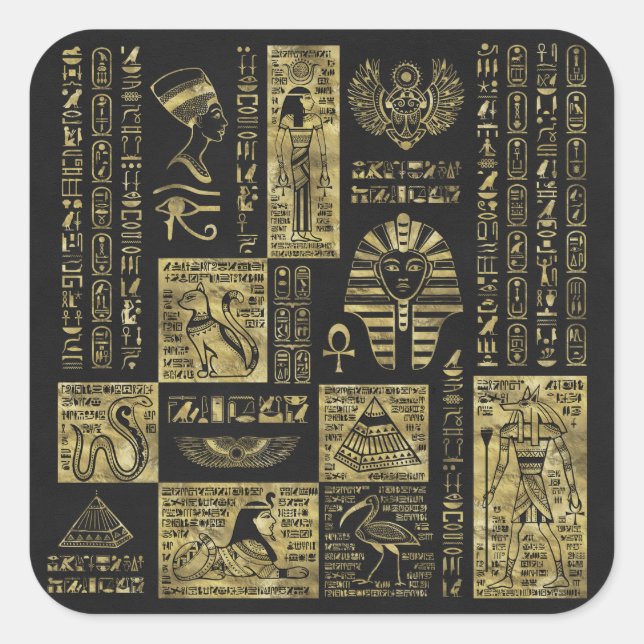 Ägyptische Hieroglyphen und Symbole auf schwarzem  Quadratischer Aufkleber (Vorderseite)