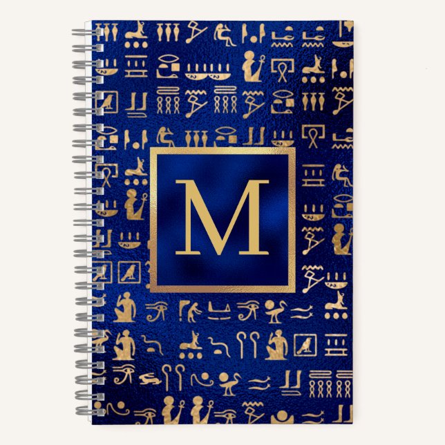 Ägyptische Hieroglyphics aus Gold auf Blue Intial Notizbuch (Vorderseite)