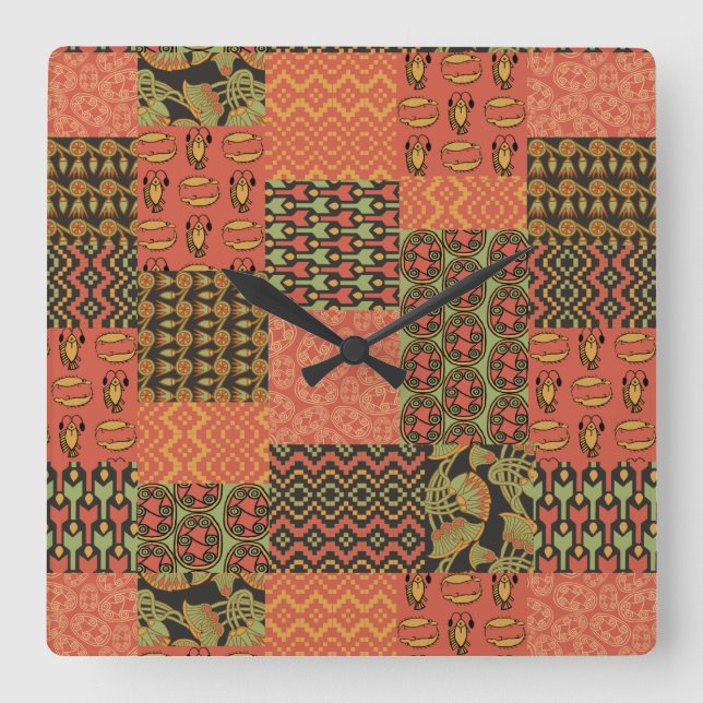 Ägyptische Imitate im Stammesalter Patchwork-Platz Quadratische Wanduhr (Vorderseite)