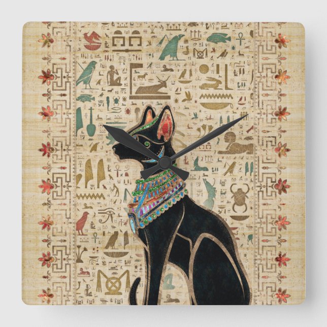 Ägyptische Katze - Bastet auf Papyrus Quadratische Wanduhr (Vorderseite)
